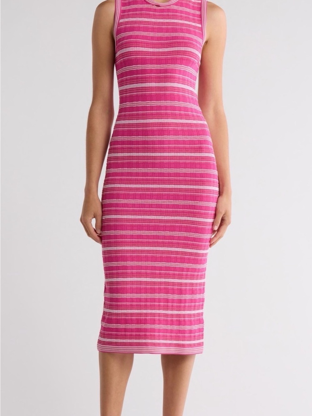 Theory Fuchsia Pink Striped Ribbed Sleeveless Midi Dress